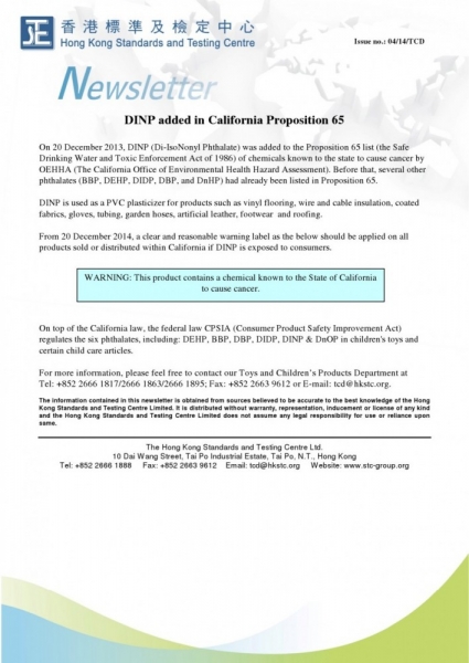 STC, DINP added in California Proposition 65,