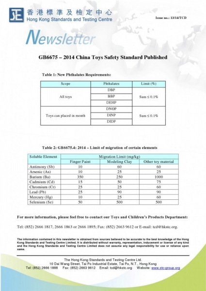 STC, GB6675 – 2014 China Toys Safety Standard Published,