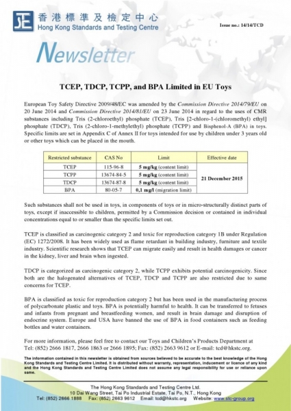 STC, TCEP, TDCP, TCPP, and BPA Limited in EU Toys,