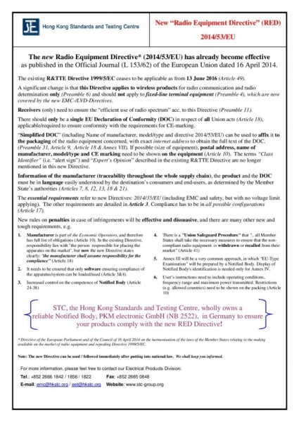 STC, NEW Radio Equipment Directive (2014/53/EU) has already become effective,