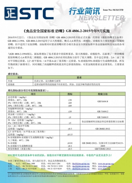 STC, 《食品安全国家标准 奶嘴》GB 4806.2-2015今年9月实施,