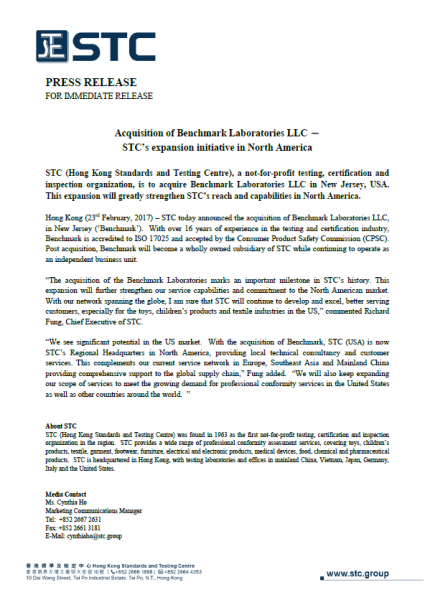 Acquisition of Benchmark Laboratories LLC － STC’s expansion initiative in North America