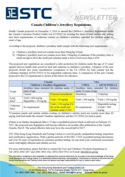 STC, Canada Children’s Jewellery Regulations, Canada Consumer Product Safety Act, CCPSA, ASTM F2923-14,