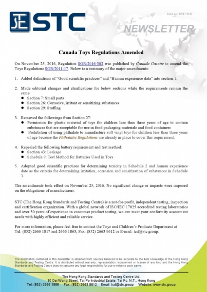 STC, Canada Toys Regulations Amended,