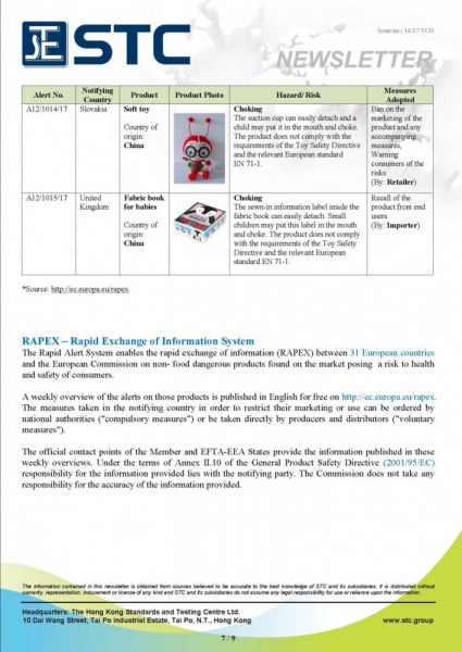 STC, Recall Summary – Toys in Europe and the US (Jul 2017),