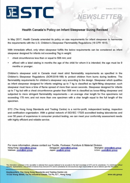 STC, Health Canada’s Policy on Infant Sleepwear Sizing Revised,