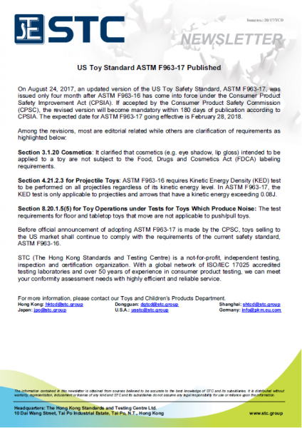 STC, US Toy Standard ASTM F963-17 Published,