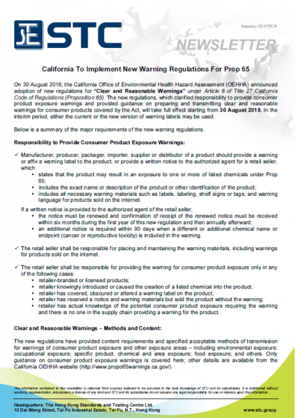STC, California To Implement New Warning Regulations For Prop 65, OEHHA,