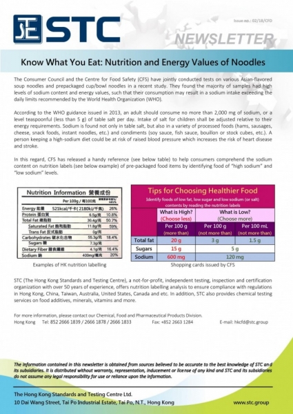 STC, Know What You Eat: Nutrition and Energy Values of Noodles,