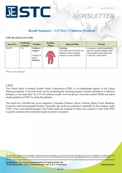 STC, Recall Summary – Toys in Europe and the US (Feb 2018),