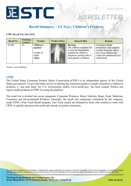 STC, Recall Summary – Toys in Europe and the US (Jul 2018),