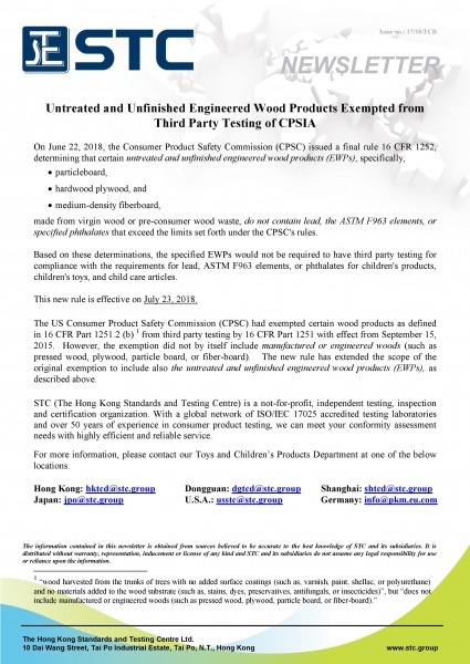 STC, Untreated and Unfinished Engineered Wood Products Exempted from Third Party Testing of CPSIA,