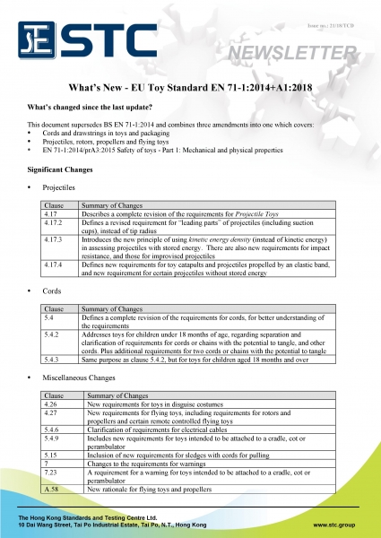 STC, What's New - EU Toy Standard EN 71-1:2014+A1:2018,