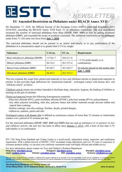 STC, EU Amended Restriction on Phthalates under REACH Annex XVII,