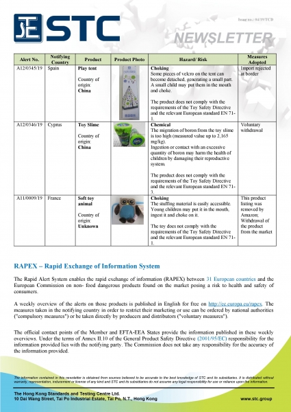 STC, Recall Summary – Toys in Europe and the US (Feb 2019),