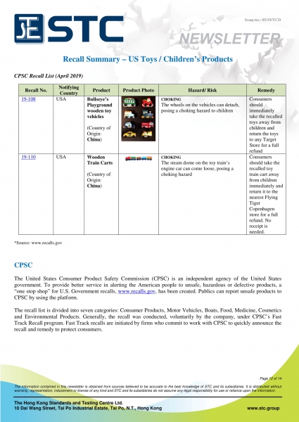 STC, Recall Summary – Toys in Europe, the US and Australia (Apr 2019),