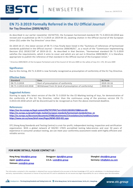 STC, EN 71-3:2019 Formally Referred in the EU Official Journal for Toy Directive (2009/48/EC),