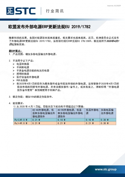 STC, 欧盟发布外部电源ERP更新法规EU 2019/1782,