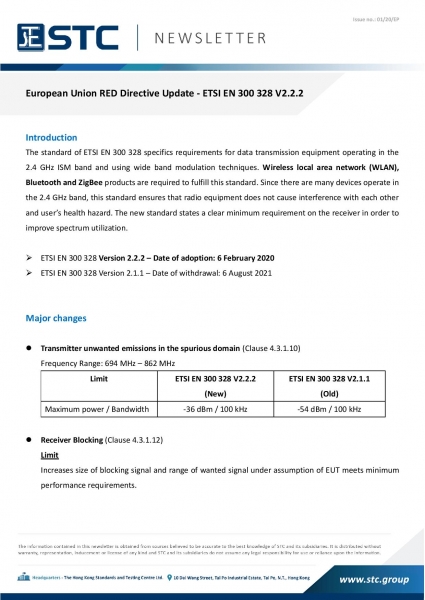 STC, European Union RED Directive Update - ETSI EN 300 328 V2.2.2, 