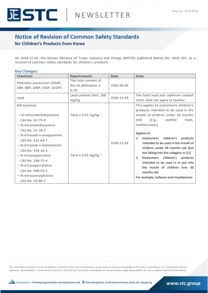 STC, Notice of Revision of Common Safety Standards for Children's Products from Korea,