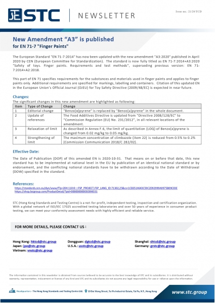 STC, New Amendment A3 is published for EN 71-7 _Finger Paints,