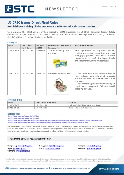 STC, US CPSC Issues Direct Final Rules for Children's Folding Chairs and Stools and for Hand-Held Infant Carriers,