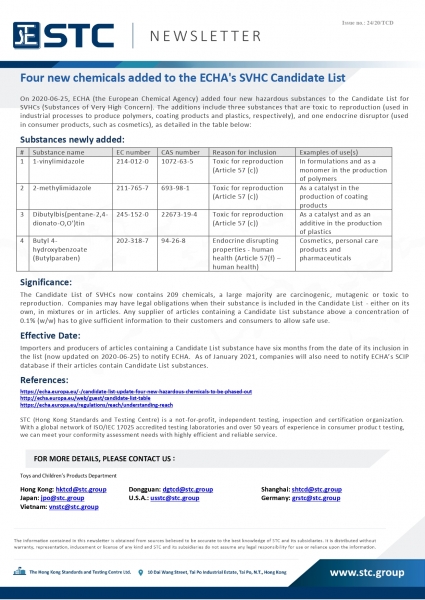 STC, Four new chemicals added to the ECHA's SVHC Candidate List,