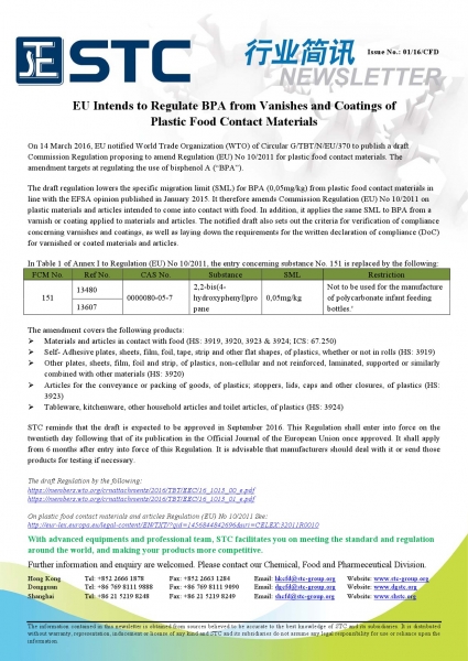 STC, EU Intends to Regulate BPA from Vanishes and Coatings of Plastic Food Contact Materials,