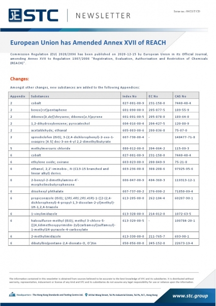STC, European Union has Amended Annex XVII of REACH,