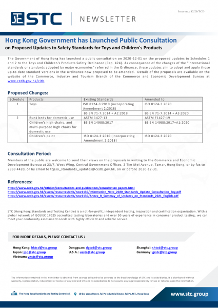 STC, Hong Kong Government Has Launched Public Consultation  on Proposed Updates to Safety Standards for Toys and Children's Products,
