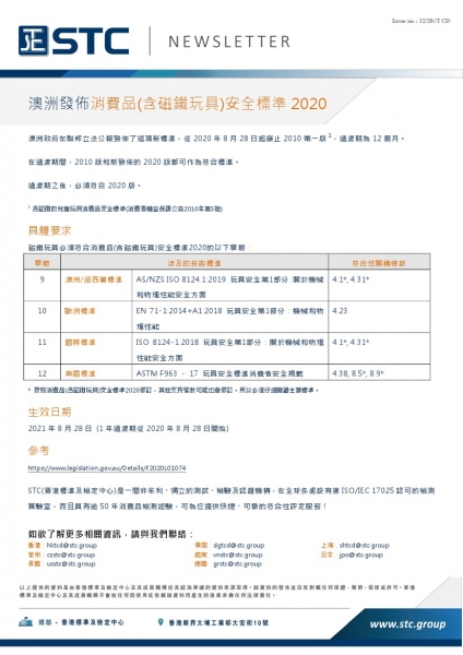 STC, 澳洲發佈消費品(含磁鐵玩具)安全標準2020,