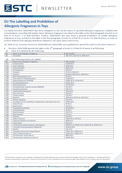 STC, EU The Labelling and Prohibition of Allergenic Fragrances in Toys,