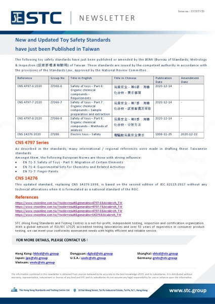 STC, New and Updated Toy Safety Standards have just been Published in Taiwan, CNS 4797 Series, CNS 14276, EN 71, BSMI,