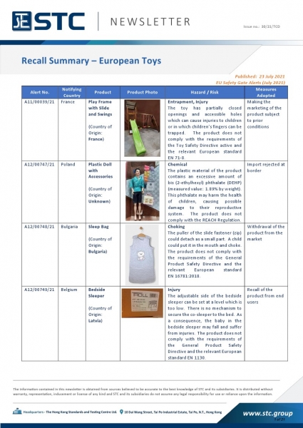 A11/00039/21 Play Frame with Slide and Swings, Entrapment, Injury: The toy has partially closed openings and accessible holes which can cause injuries to children or in which children’s fingers can be trapped. The product does not comply with the requirem