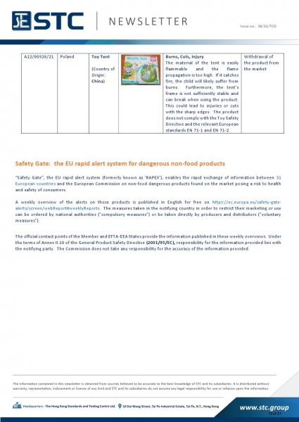 A12/00926/21 Toy Tent, Burns, Cuts, Injury: The material of the tent is easily flammable and the flame propagation is too high. If it catches fire, the child will likely suffer from burns. Furthermore, the tent’s frame is not sufficiently stable and can b