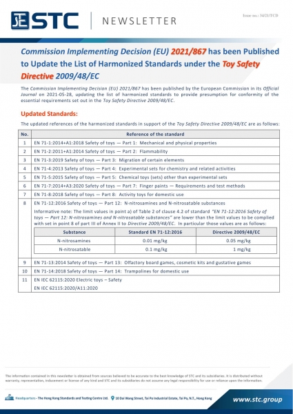 STC Newsletter. The Commission Implementing Decision (EU) 2021/867 has been published by the European Commission in its Official Journal on 2021-05-28, updating the list of harmonized standards to provide presumption for conformity of the essential requir