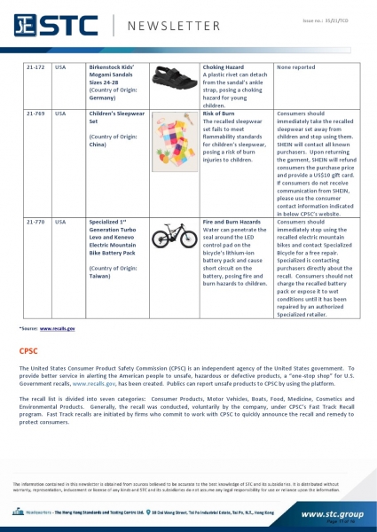 Recall Summary – US Toys/ Children’s Products. 21-172 Birkenstock Kids’ Mogami Sandals Sizes 24-28, Choking Hazard A plastic rivet can detach from the sandal’s ankle strap, posing a choking hazard for young children. 21-769 Children’s Sleepwear Set, Risk 