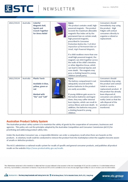 Recall Summary – Australia Toys/ Children’s Products. 2021/19133 Colorful Magnetic Ball, Squish and Crunch Together for Stress Relief, Injury: The product contains small, high-powered magnets.  The product exceeds the maximum allowable magnetic flux index