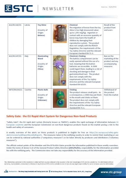 Recall Summary – European Toys. A12/01142/21 Toy Slime, Chemical: The migration of boron from the toy slime is too high (measured value:  up to 1,953 mg/kg).  Ingestion or contact with an excessive quantity of boron may harm the health of children by dama