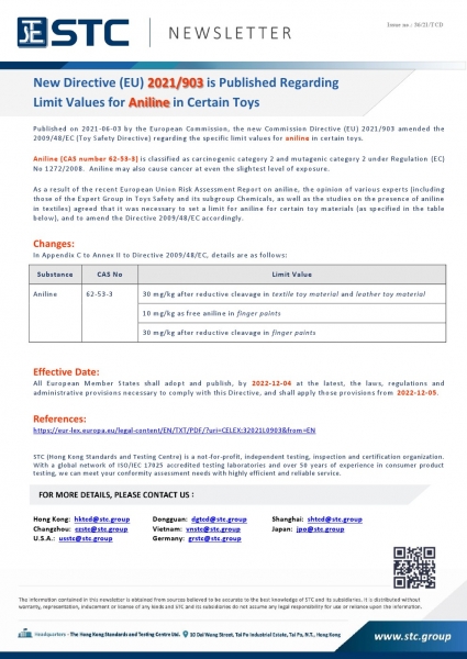 STC. Published on 2021-06-03 by the European Commission, the new Commission Directive (EU) 2021/903 amended the 2009/48/EC (Toy Safety Directive) regarding the specific limit values for aniline in certain toys.  Aniline (CAS number 62-53-3) is classified 