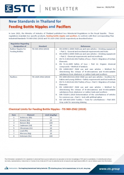 In June 2021, the Ministry of Industry of Thailand published two Ministerial Regulations in the Royal Gazette.  These regulations mandate two specific products, feeding bottle nipples and pacifiers, to conform with their corresponding Thai Industrial Stan