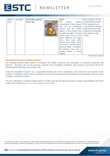 STC, Toy Recall Summary Oct 2021, Toys in Europe, the US, Australia, Safety Gate: the EU rapid alert system for dangerous non-food products, CPSC, Australian Product Safety System.