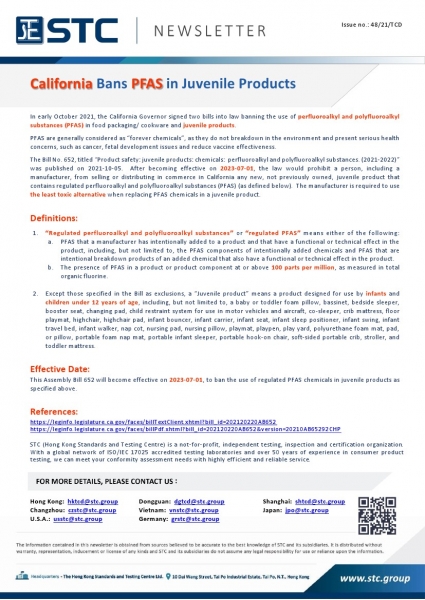 In early October 2021, the California Governor signed two bills into law banning the use of perfluoroalkyl and polyfluoroalkyl substances (PFAS) in food packaging/ cookware and juvenile products.  PFAS are generally considered as “forever chemicals”, as t