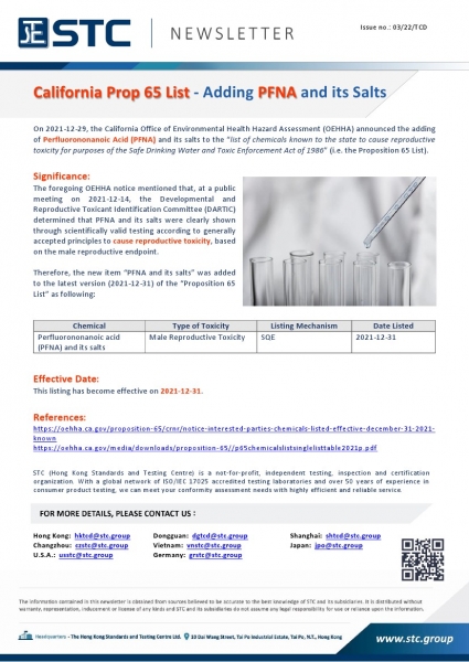 On 2021-12-29, the California Office of Environmental Health Hazard Assessment (OEHHA) announced the adding of Perfluorononanoic Acid (PFNA) and its salts to the “list of chemicals known to the state to cause reproductive toxicity for purposes of the Safe