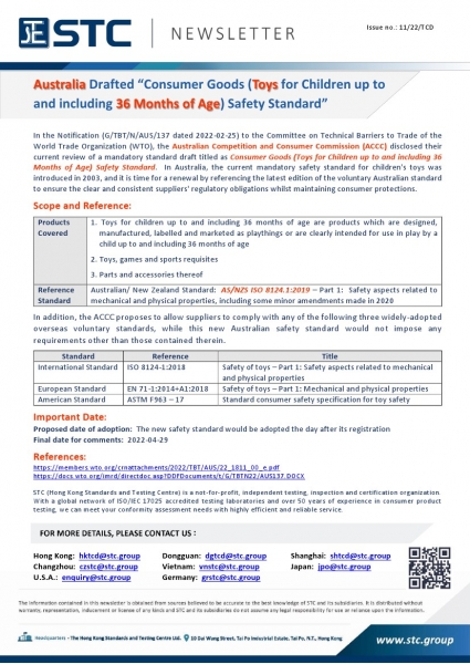 In the Notification (G/TBT/N/AUS/137 dated 2022-02-25) to the Committee on Technical Barriers to Trade of the World Trade Organization (WTO), the Australian Competition and Consumer Commission (ACCC) disclosed their current review of a mandatory standard 