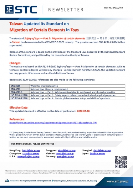 The standard Safety of toys — Part 2: Migration of certain elements (玩具安全 — 第 2 部：特定元素遷移) in Taiwan has been amended to CNS 4797-2:2022 recently. The previous version CNS 4797-2:2004 is thus superseded.