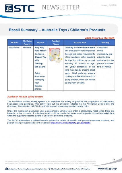 STC, Toy Recall Summary Apr 2022 Toys in Europe, the US, Australia, Safety Gate: the EU rapid alert system for dangerous non-food products, CPSC, Australian Product Safety System.