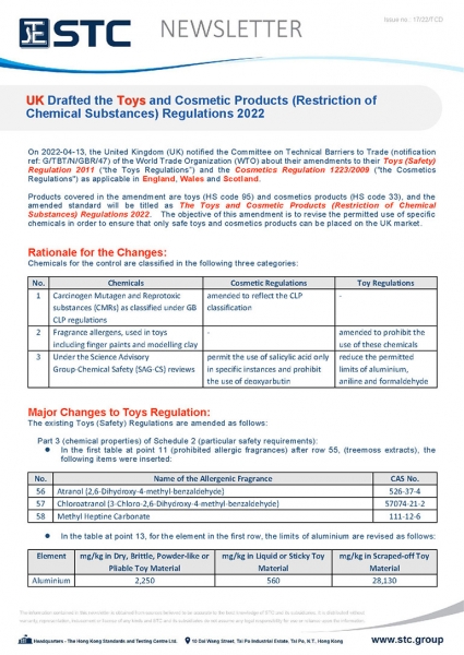 On 2022-04-13, the United Kingdom (UK) notified the Committee on Technical Barriers to Trade (notification ref: G/TBT/N/GBR/47) of the World Trade Organization (WTO) about their amendments to their Toys (Safety) Regulation 2011 (“the Toys Regulations”) an