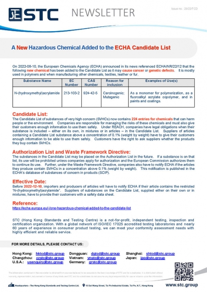 On 2022-06-10, the European Chemicals Agency (ECHA) announced in its news referenced ECHA/NR/22/12 that the following new chemical has been added to the Candidate List as it may cause cancer or genetic defects. It is mostly used in polymers and when manuf