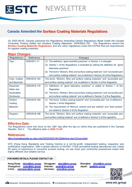 On 2022-06-03, Canada published the Regulations Amending Certain Regulations Made Under the Canada Consumer Product Safety Act (Surface Coating Materials): SOR/2022-122. The Regulations amend the Surface Coating Materials Regulations and four other regula